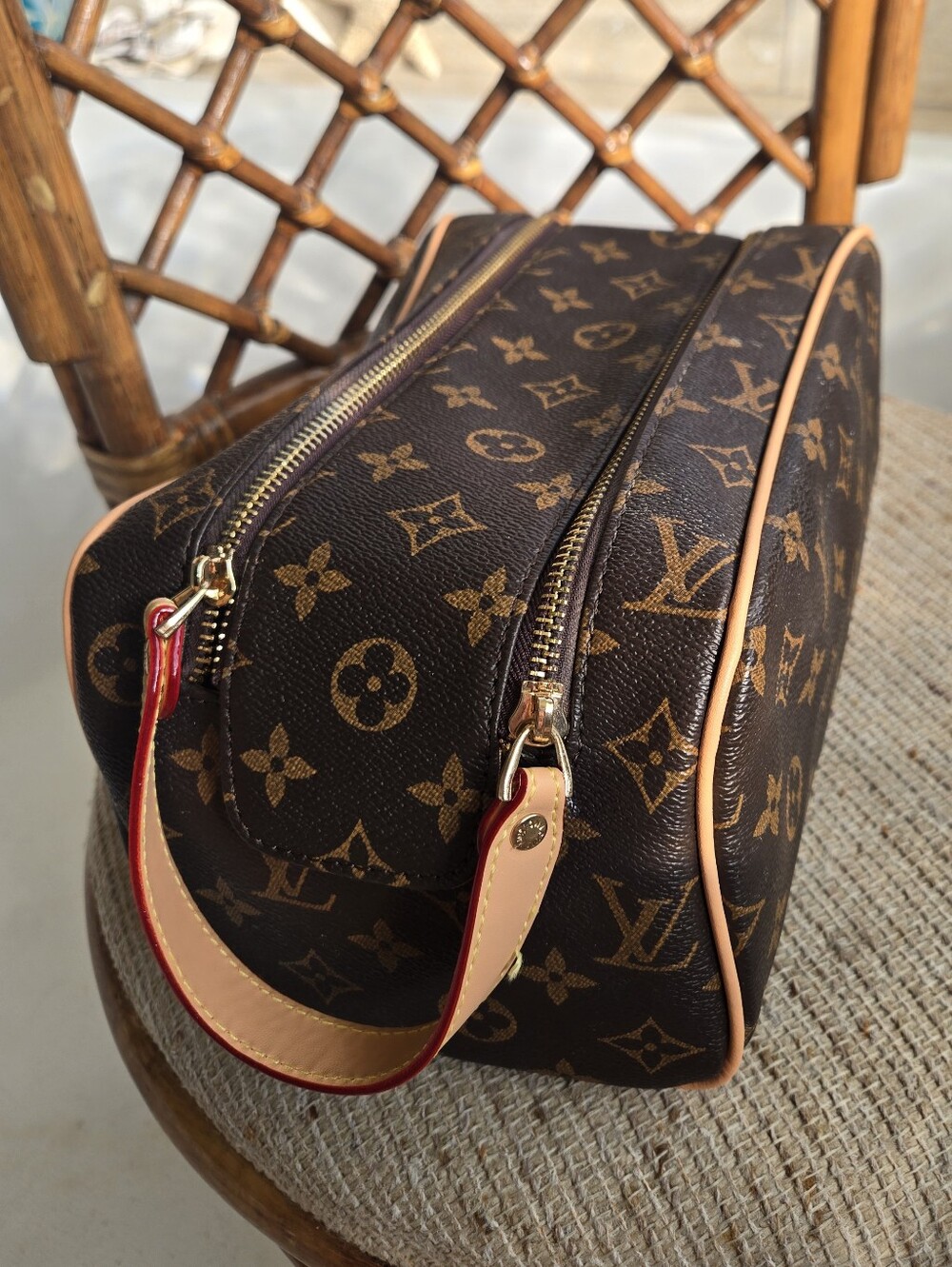 Canvas Double Zip Brown Vanity Case Dopp Kit Toiletry Pouch